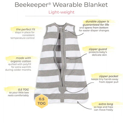 Rugby Stripe Organic Beekeeper™ Wearable Baby Blanket - Heather Grey