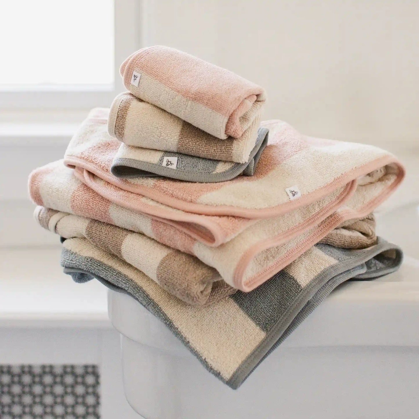 Organic Cotton Rugby Stripe Woven Terry Towel & Washcloth Set - Pink Sand