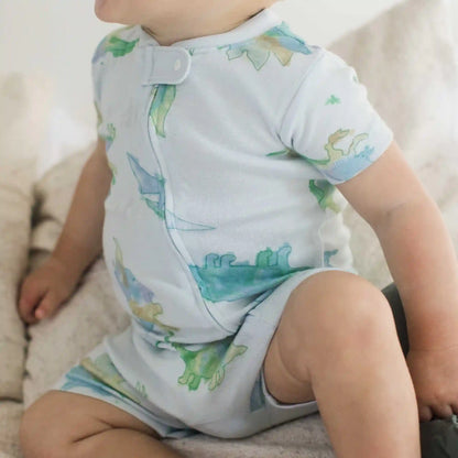 Watercolor Dinos Organic Baby Sleeper Romper - Rain