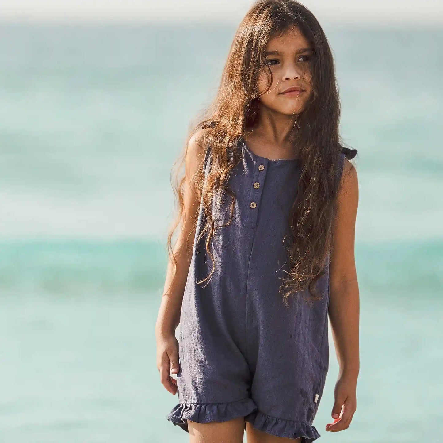 Check Gauze Blue Girl Romper - Blue Smoke